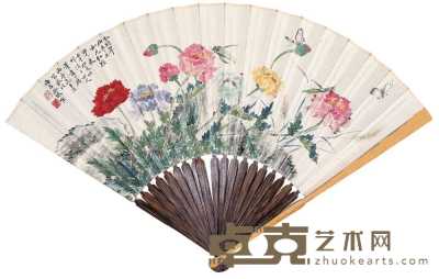 金琴鹤 1942年作 花蝶图 成扇 17×47.5cm